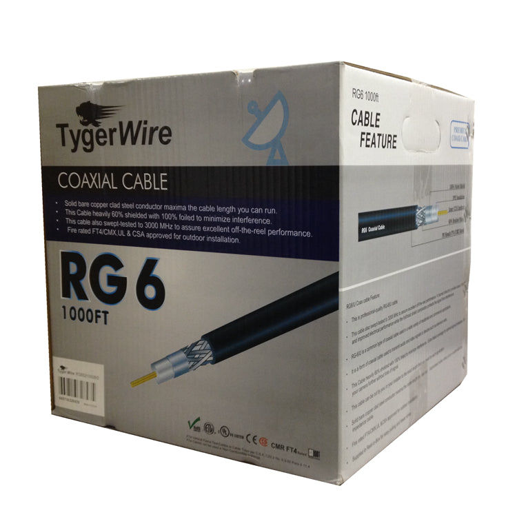 TygerWire 1000-Ft RG6 Coaxial Cable with 60% Braid-FT4-CMR-CSA-UL(Black)